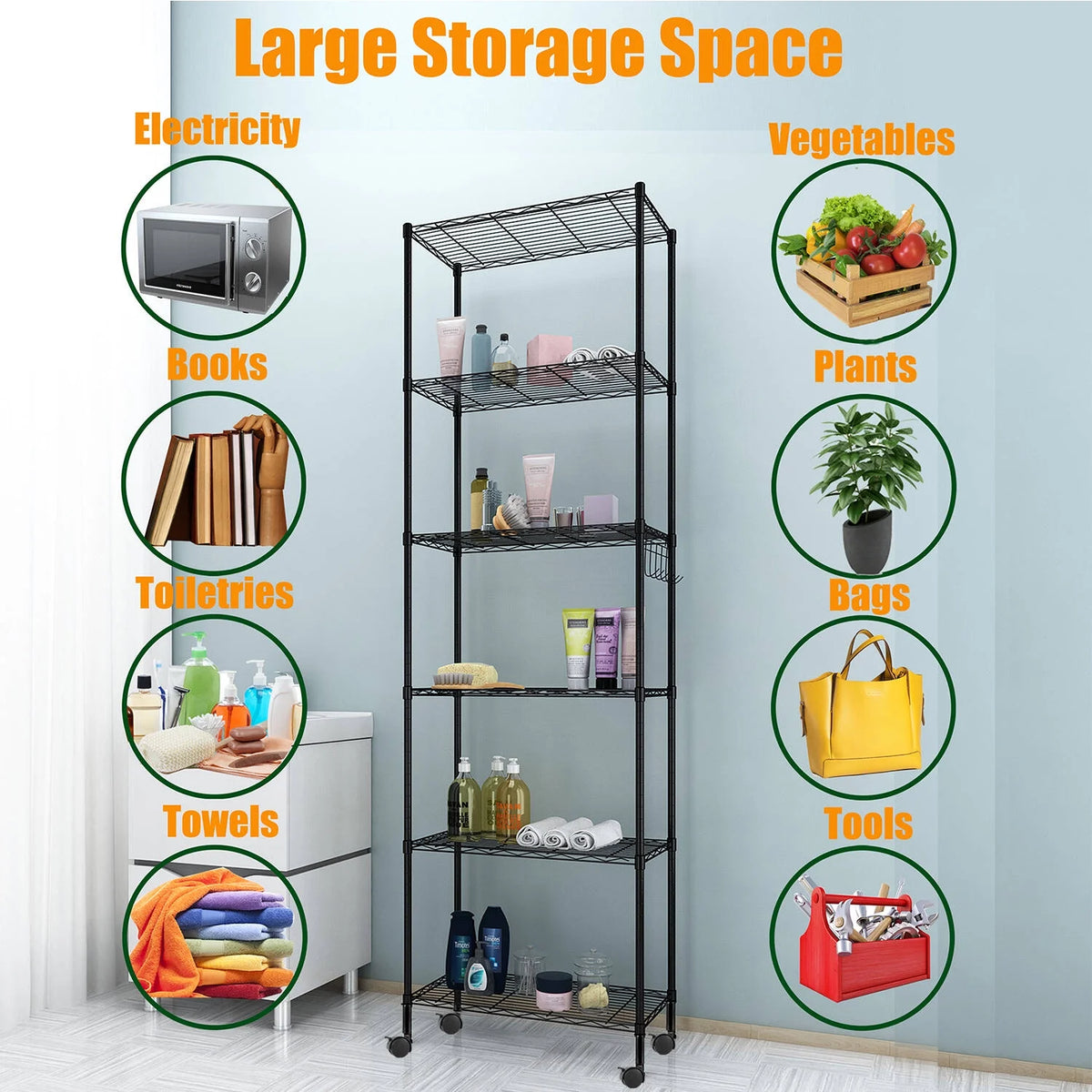 6 Shelves Wire Metal Heavy Duty Shelving Rack with Wheel, Silver V2839