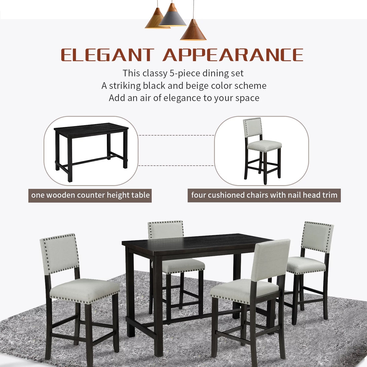 5 Piece Counter Height Dining Table Set with 4 Cushioned Chairs T77913