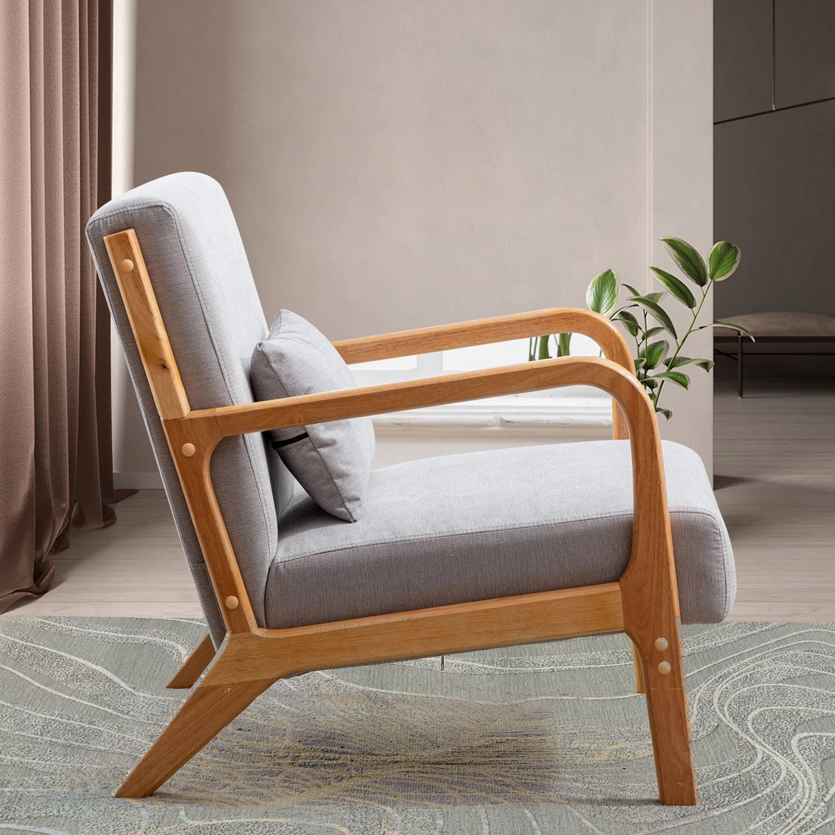 Beige Fabric Accent Armchair with Wood Frame V77770