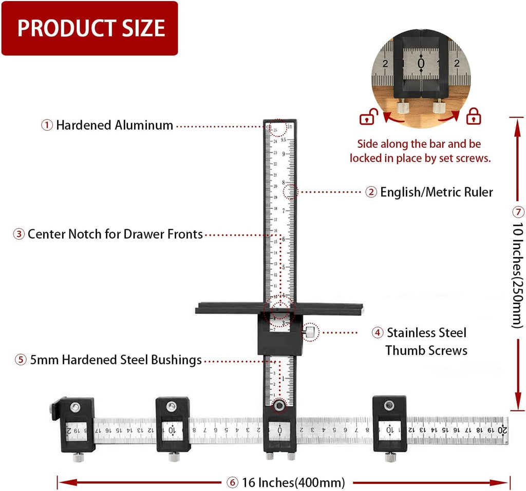 Cabinet Hardware Jig, Aluminum Alloy Handle Template Tool with Automatic Center Punch and 4 Drill Bits L8950
