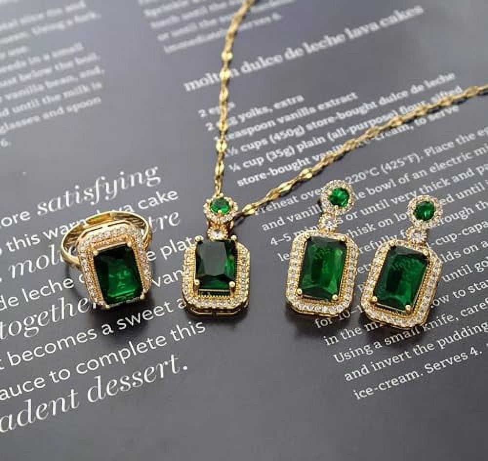 3Pcs/Set Iced Out Cubic Zirconia Green Gemstone Ring Necklace Earrings Gold Plated Jewelry Sets Q3103