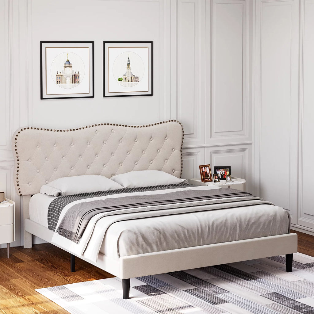 Queen Size Black Linen Upholstered Platform Bed with Adjustable Headboard U254