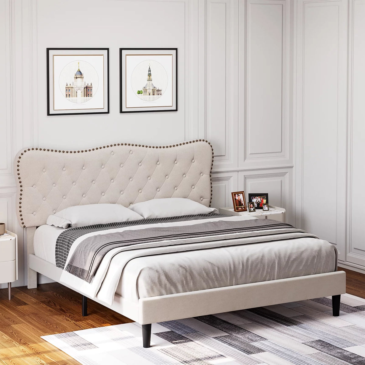 Queen Size Black Linen Upholstered Platform Bed with Adjustable Headboard U254