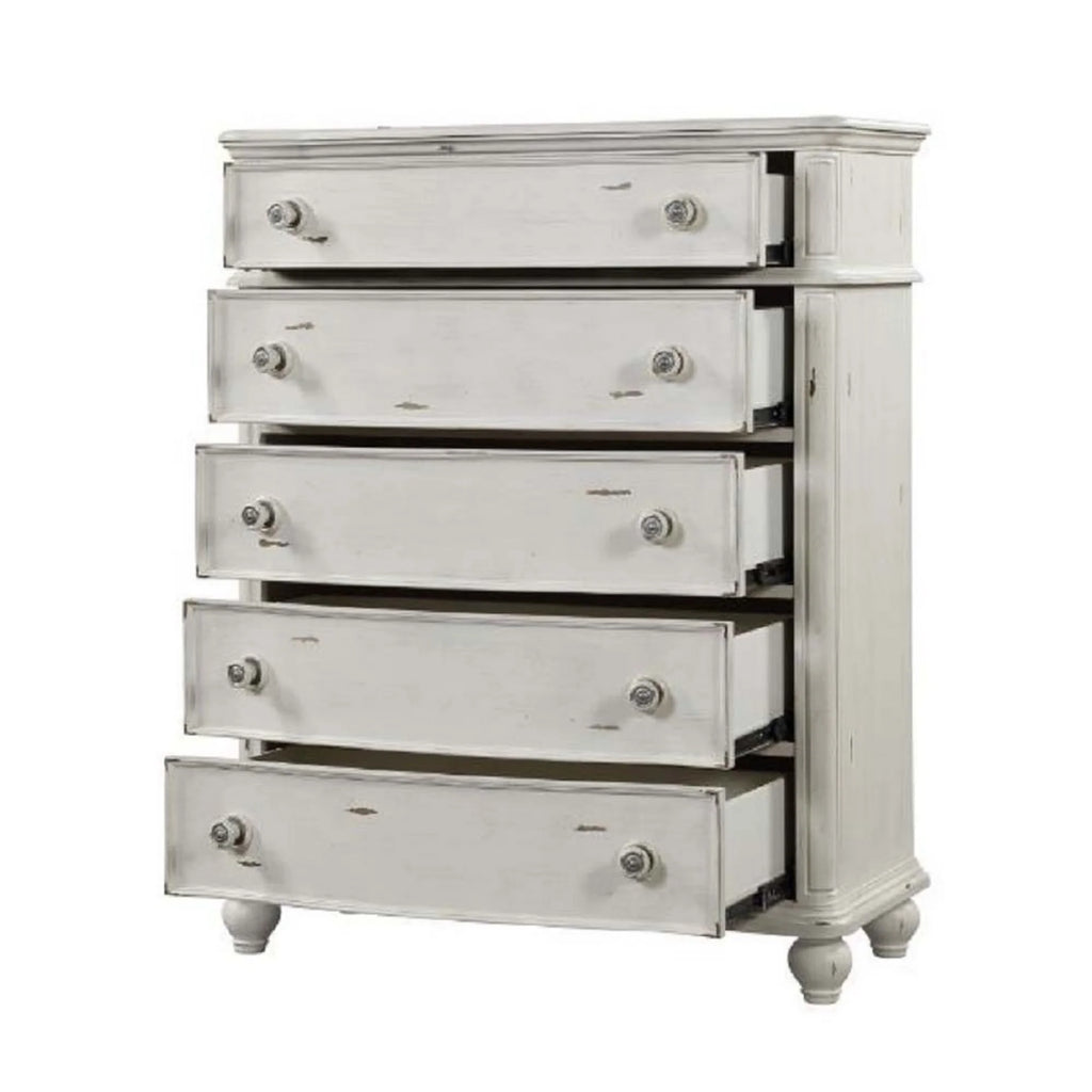 Antique White 5-Drawers Wood Dresser Chest with Turned Legs A865