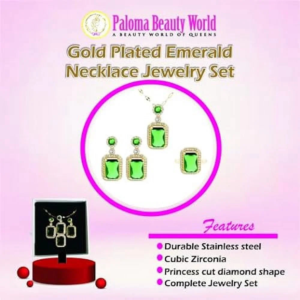 3Pcs/Set Iced Out Cubic Zirconia Green Gemstone Ring Necklace Earrings Gold Plated Jewelry Sets Q3103