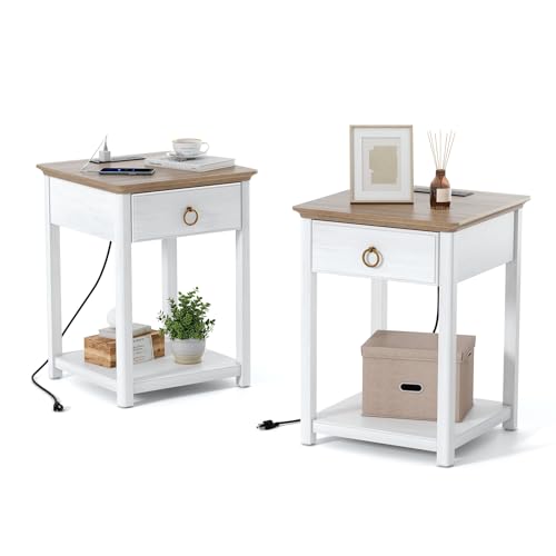 White Solid Wood Square End Table with Drawer X4087