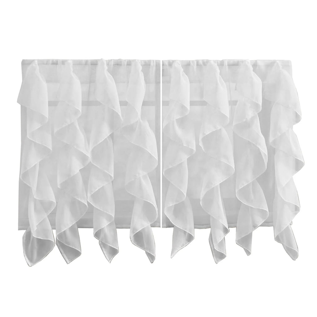 White Vertical Ruffled Waterfall Valances and Curtain Tiers 24" tier pair T6802