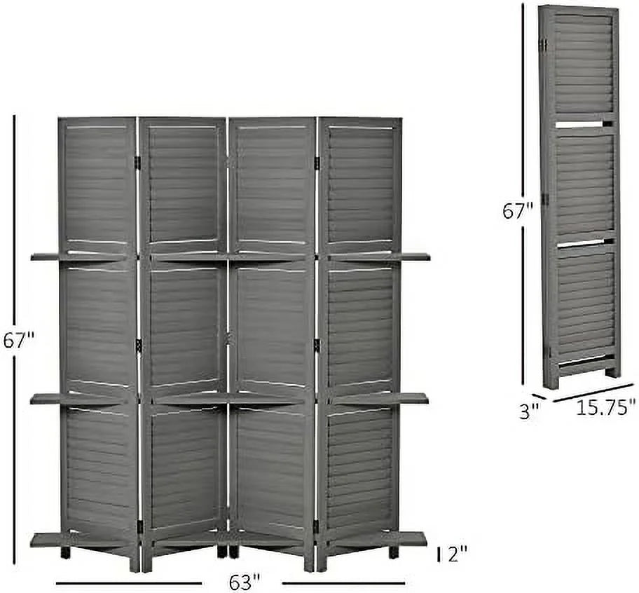 4 Panel Wood Privacy Screen Room Divider with Shelves A2706