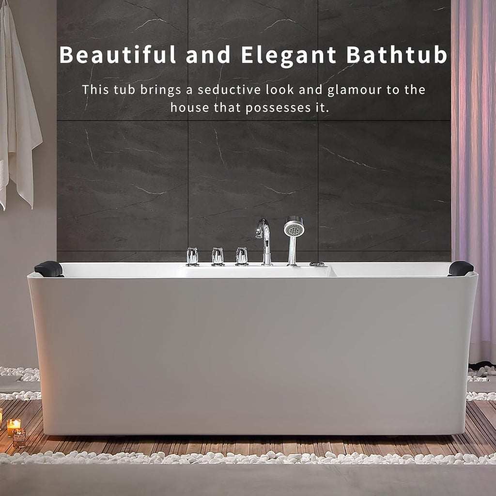 67 Inch Freestanding Acrylic Whirlpool Bathtub with 8 Jets, White S9564