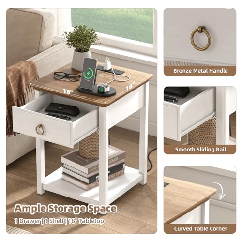 White Solid Wood Square End Table with Drawer X4087