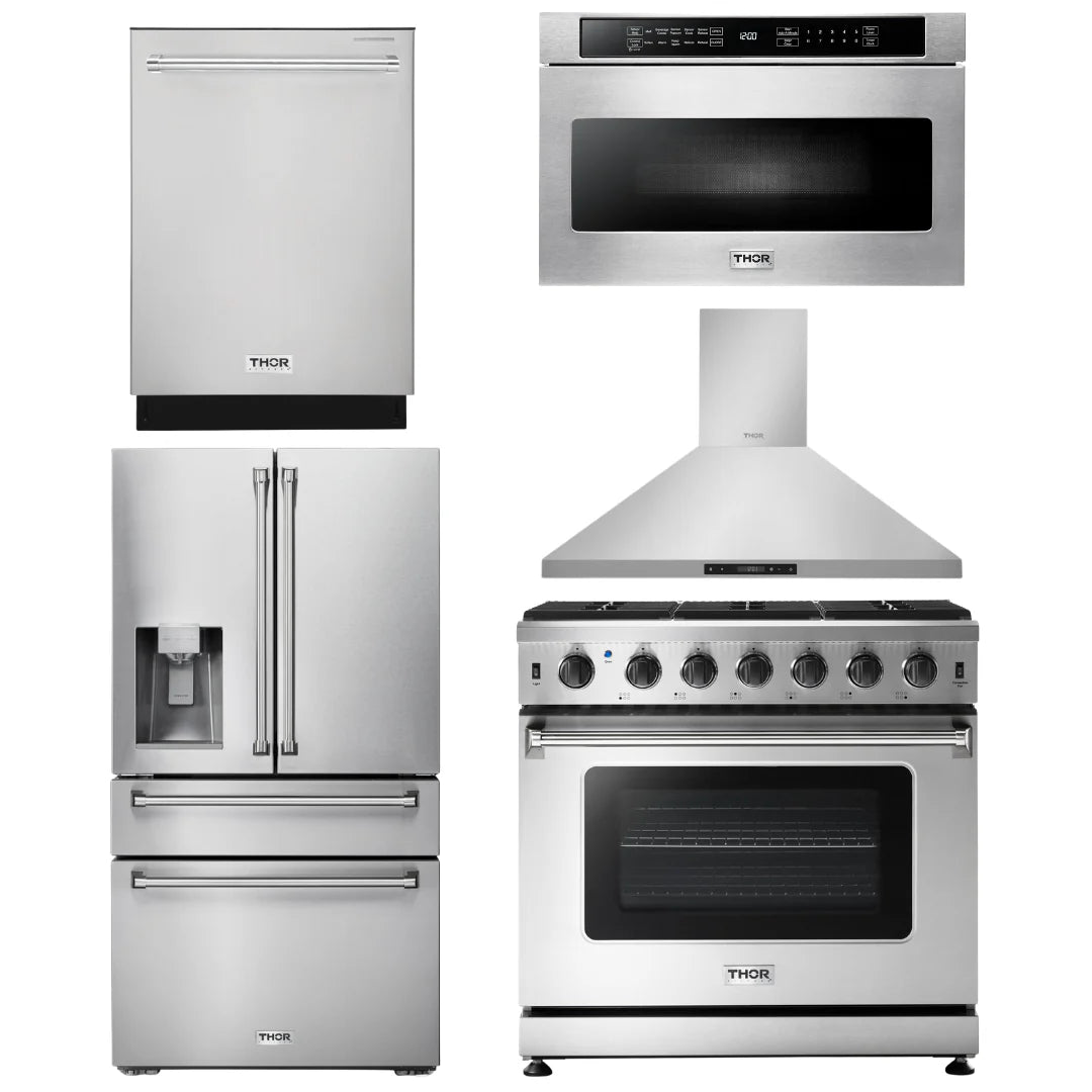 36 Gas Range, Range Hood, Microwave, Refrigerator, Dishwasher D665