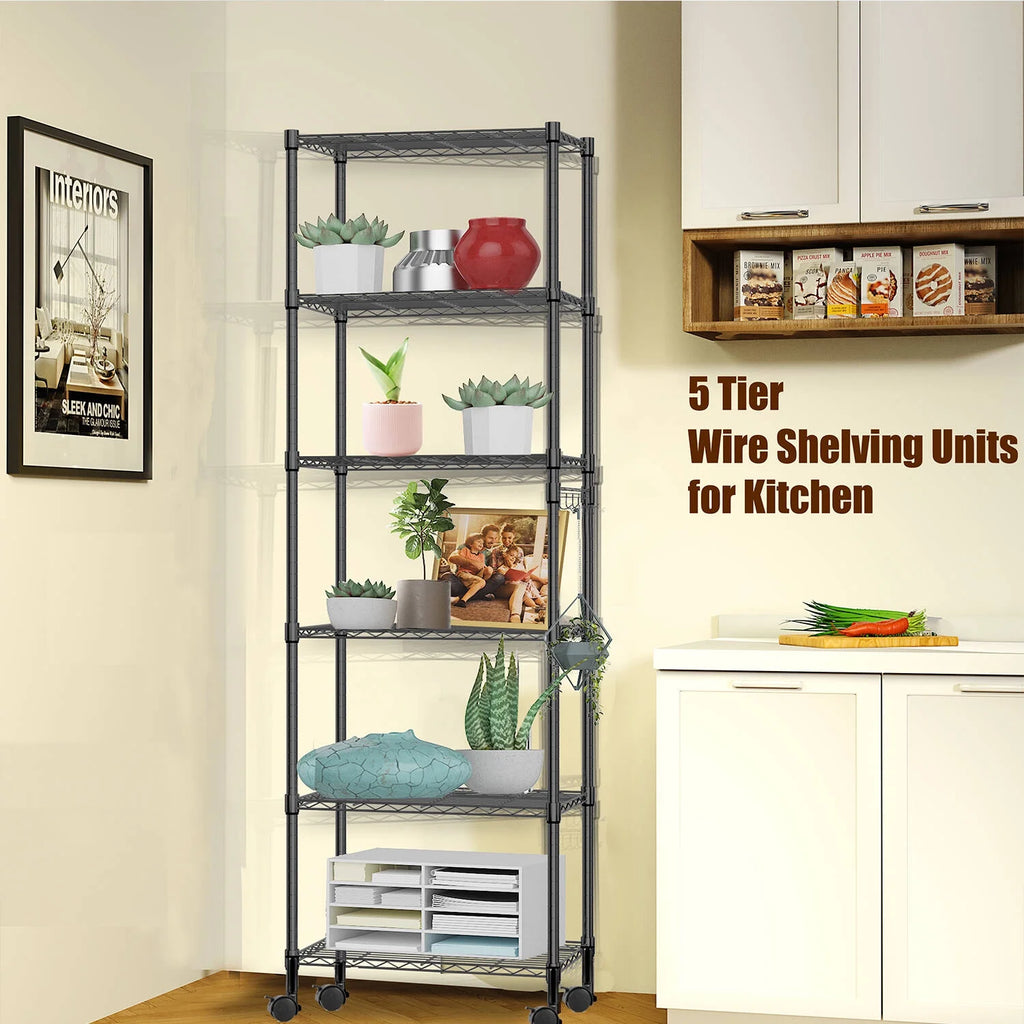 6 Shelves Wire Metal Heavy Duty Shelving Rack with Wheel, Silver V2839