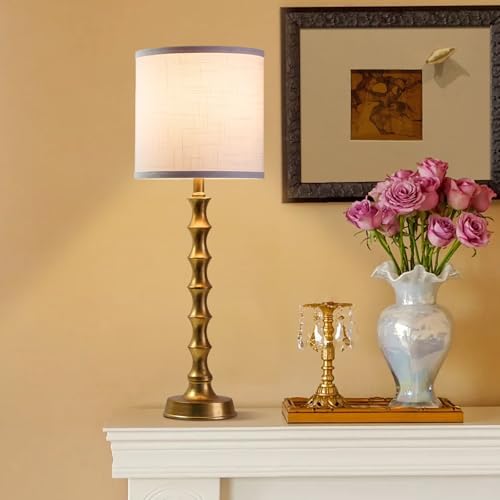 Gold Table Lamp Set of 2 Metal Bamboo Shape Linen White Shade H7210