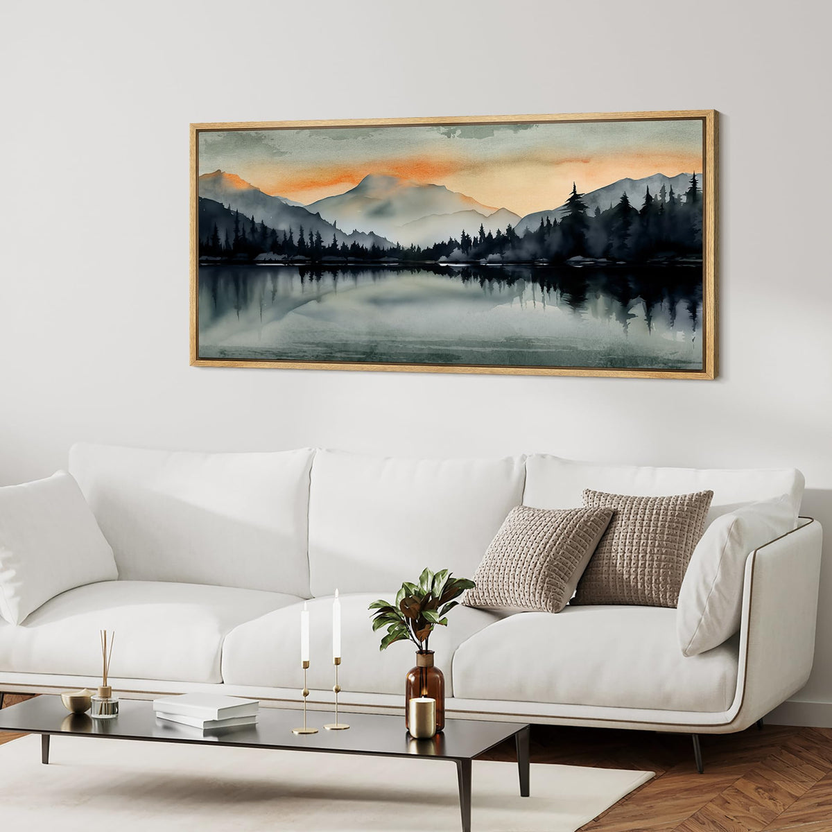 Extra Large Framed Canvas Print Wall Art Sunset Mountain Range & Lake Panoramic Modern Art Nature Wilderness Retro Wall Decorative Oversized Artwork Relax/Calm for Living Room - 60"x30" A382