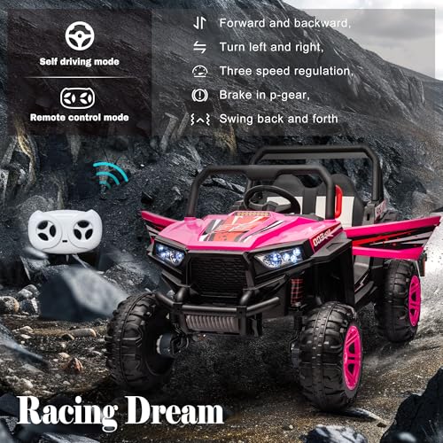 24V Ride on Car Kids Side by Side with Remote Control, 2 Seater 4WD Kids UTV Off-Road Power Wheels, Battery Powered Kids Cars to Drive w/ 4x100W Engine, 3 Speeds, Bluetooth, LED Lights (Pink) E9847