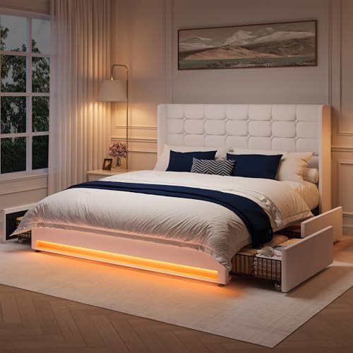Queen Size White Velvet Upholstered Platform Bed Frame with 4 Storage Drawers Z4355