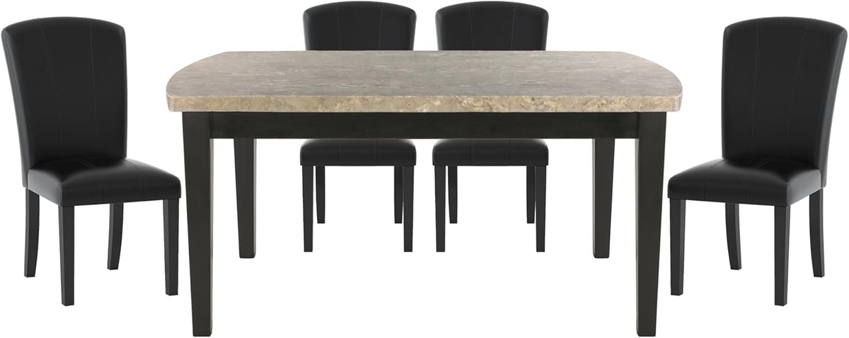 Dark Espresso 5pc Dining Set Marble Top Table and 4 Chairs Faux Leather Upholstery S71456