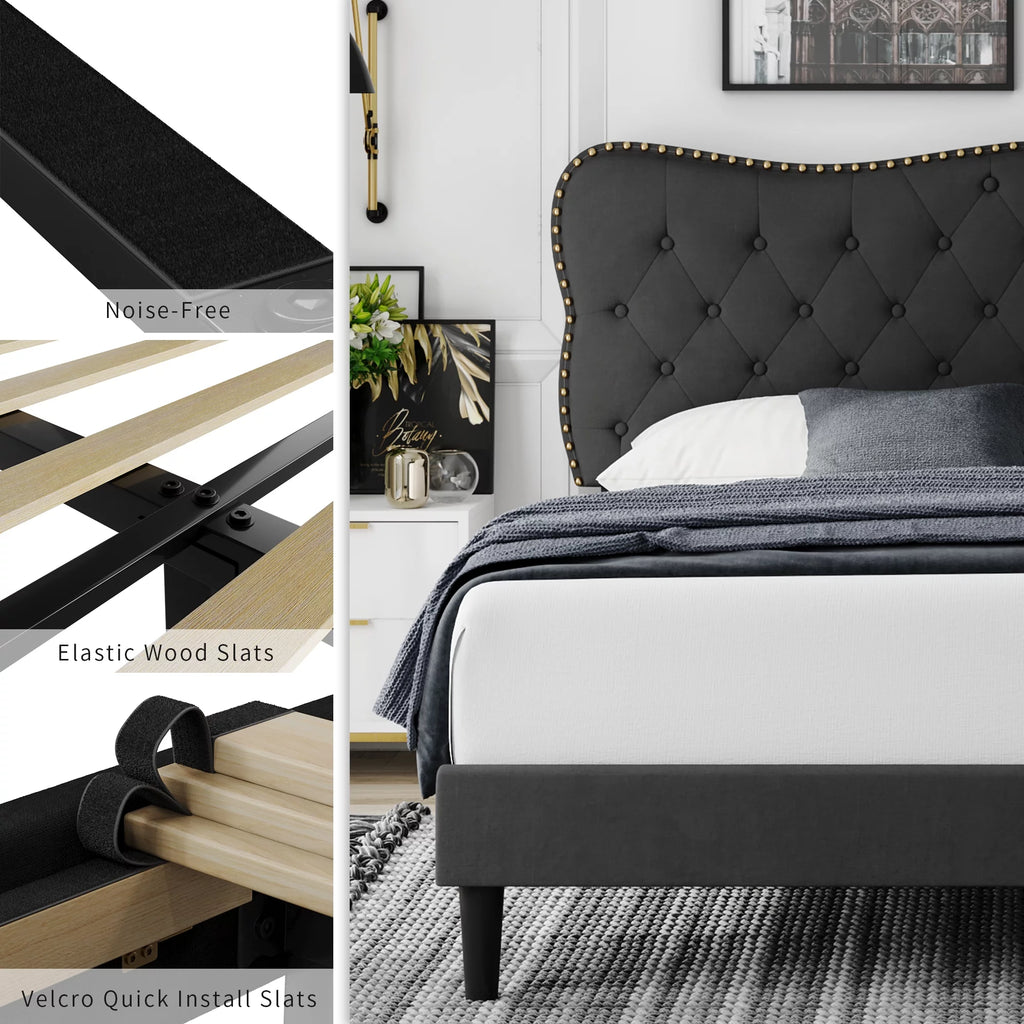Queen Size Black Linen Upholstered Platform Bed with Adjustable Headboard U254