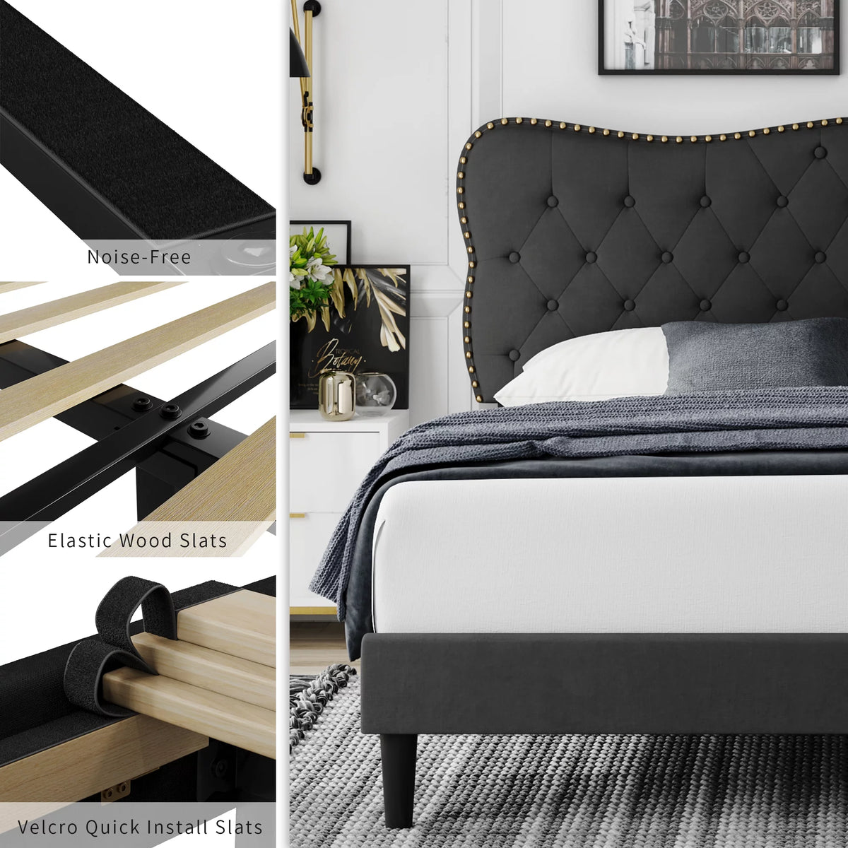 Queen Size Black Linen Upholstered Platform Bed with Adjustable Headboard U254