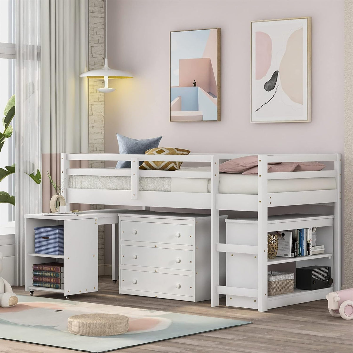 White Twin Loft Bed with Storage Drawers G625792