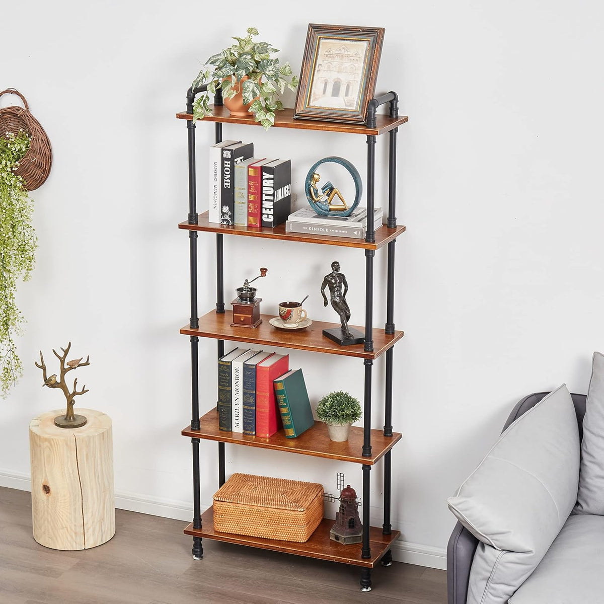 3 Tier Solid Wood Iron Pipe Bookshelf A6045