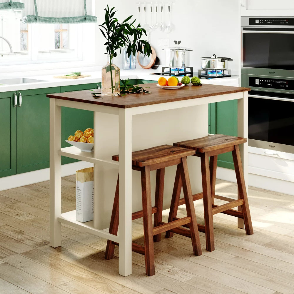 Solid Wood Kitchen Island Set with 2 Stools P54335