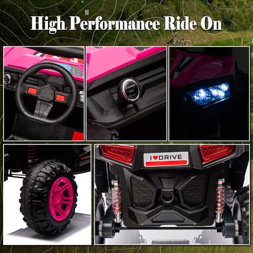 24V Ride on Car Kids Side by Side with Remote Control, 2 Seater 4WD Kids UTV Off-Road Power Wheels, Battery Powered Kids Cars to Drive w/ 4x100W Engine, 3 Speeds, Bluetooth, LED Lights (Pink) E9847