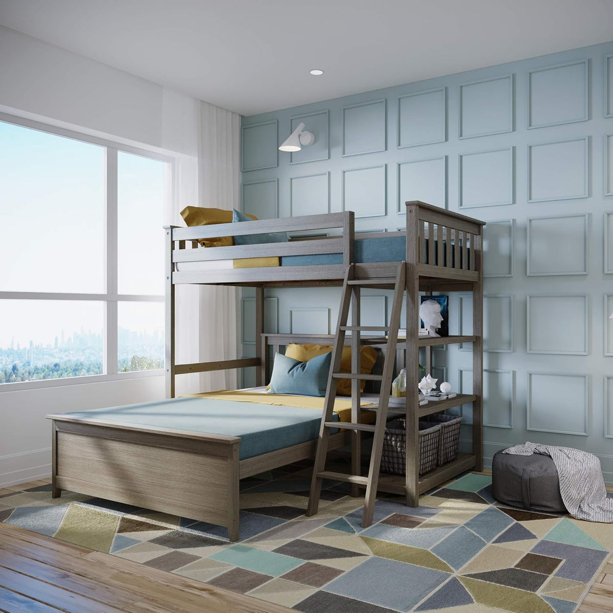 White L Shape Bunk Bed with Bookcase U37904