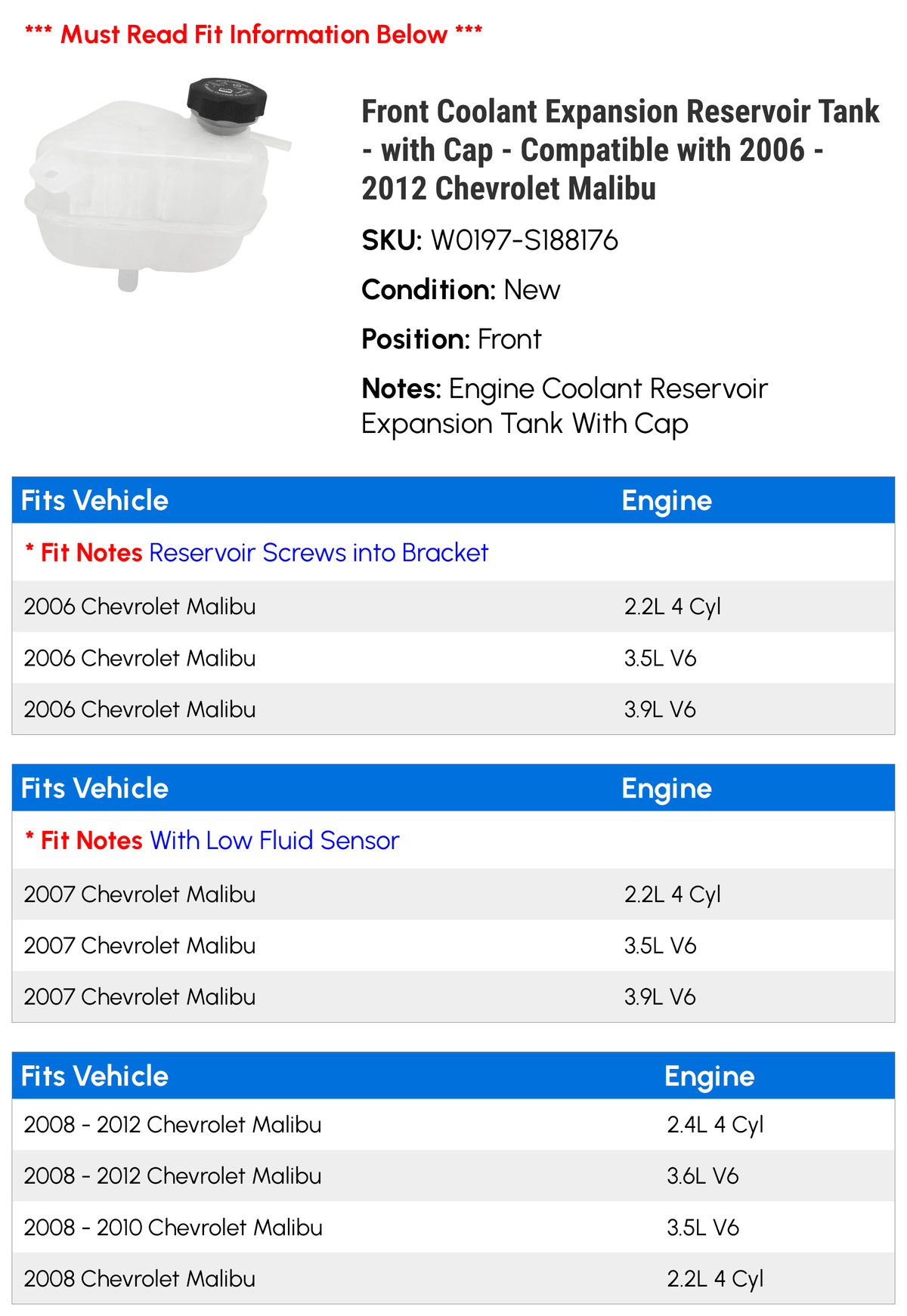 Coolant Expansion Reservoir Tank with Cap O75351