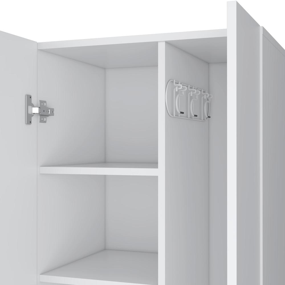 White Double-Door Broom Cabinet with Inner Shelves and Side Hangers L586448
