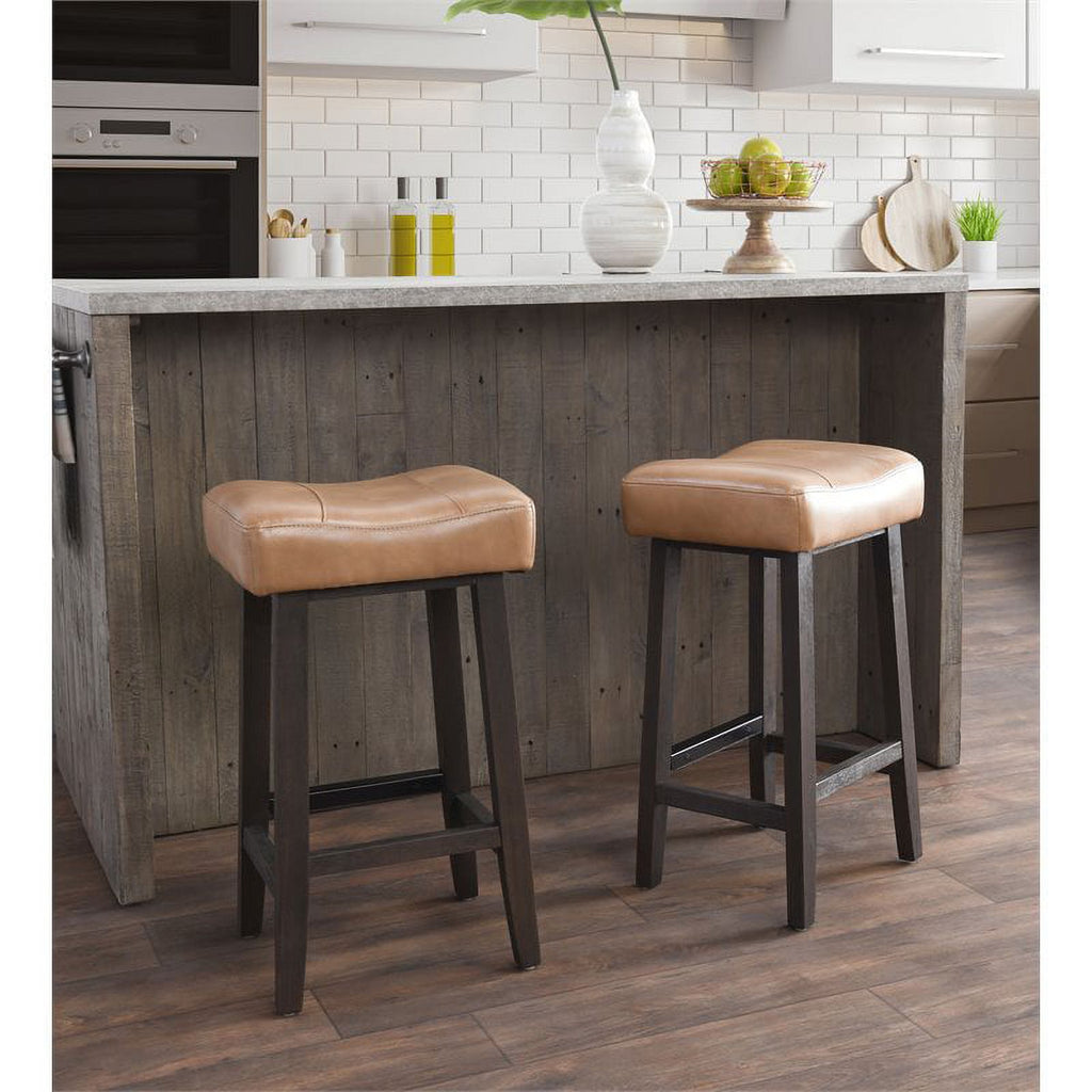 Camel Beige Leather and Wood Backless Bar Stool Set of 2 G9846