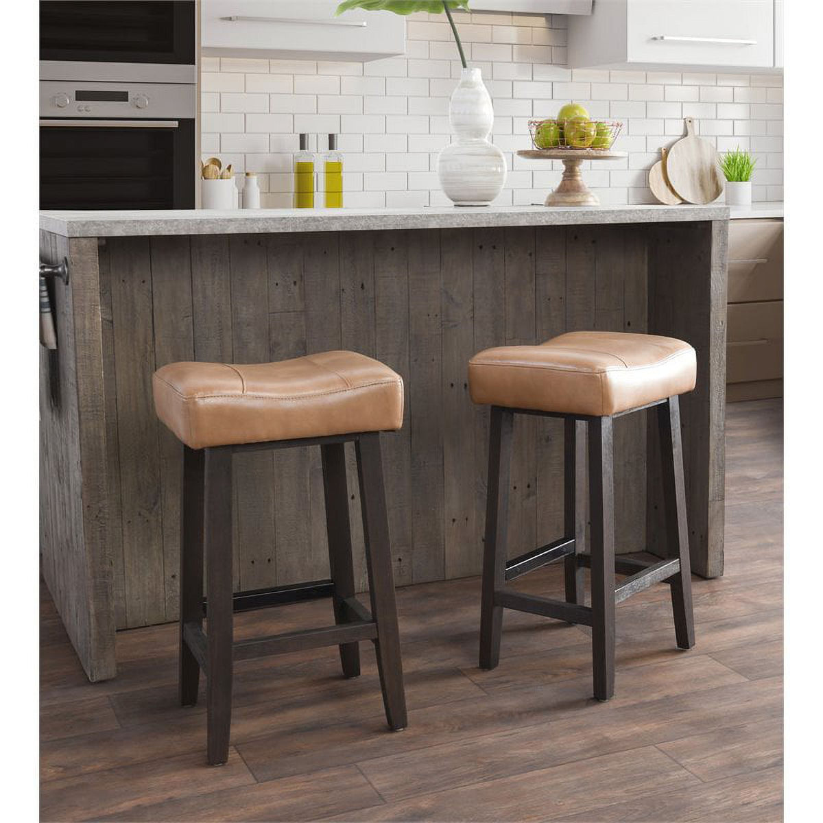 Camel Beige Leather and Wood Backless Bar Stool Set of 2 G9846