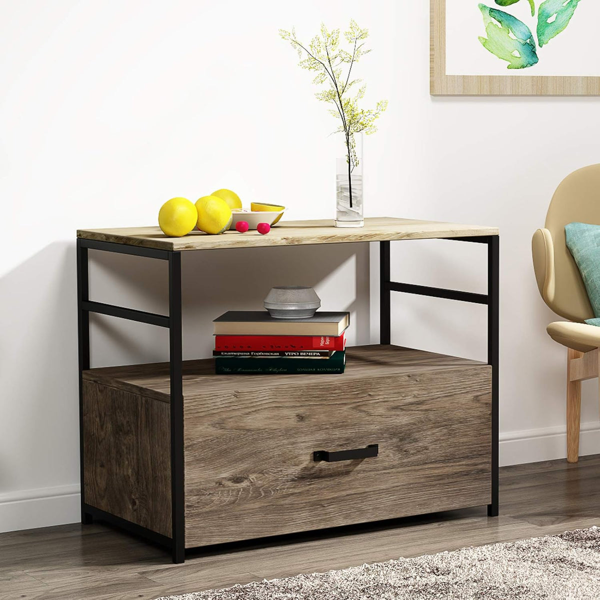 Wood Lateral File Cabinet with 1 Drawer, Printer Stand with Storage Shelves H53641