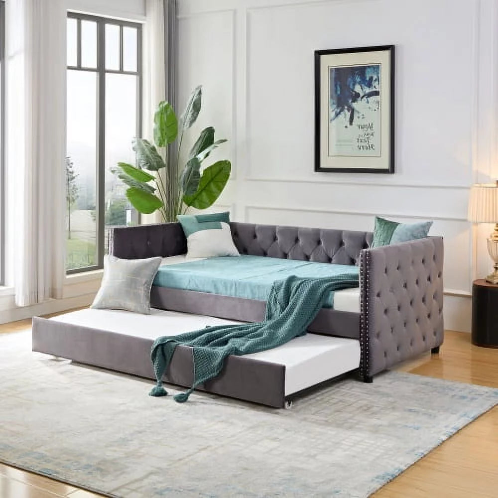 Grey Velvet Upholstered Daybed with Trundle D8799