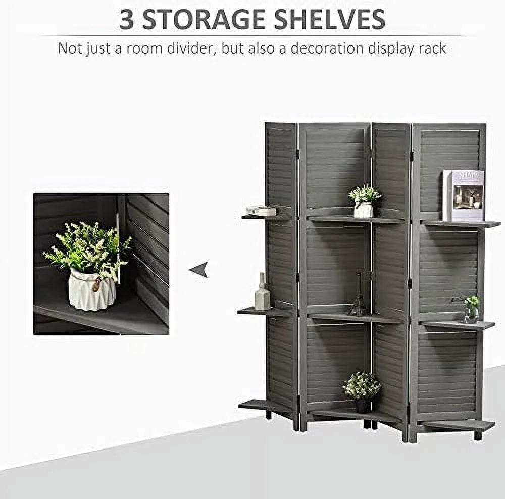 4 Panel Wood Privacy Screen Room Divider with Shelves A2706