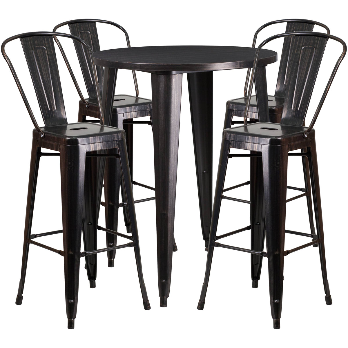 Black-Antique Gold Metal Indoor-Outdoor Bar Table Set with 4 Cafe Stools E1980