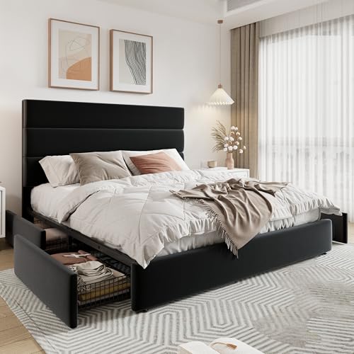 White Full Size Platform Bed Frame with 4 Storage Drawers and Velvet Upholstered Headboard I64265