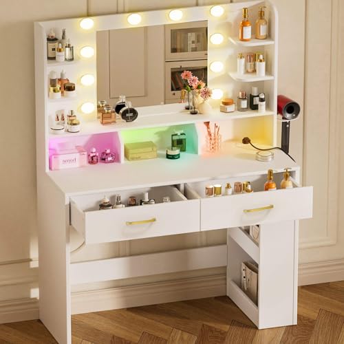 White Vanity Desk with Lighted Mirror and Power Outlet Z5685