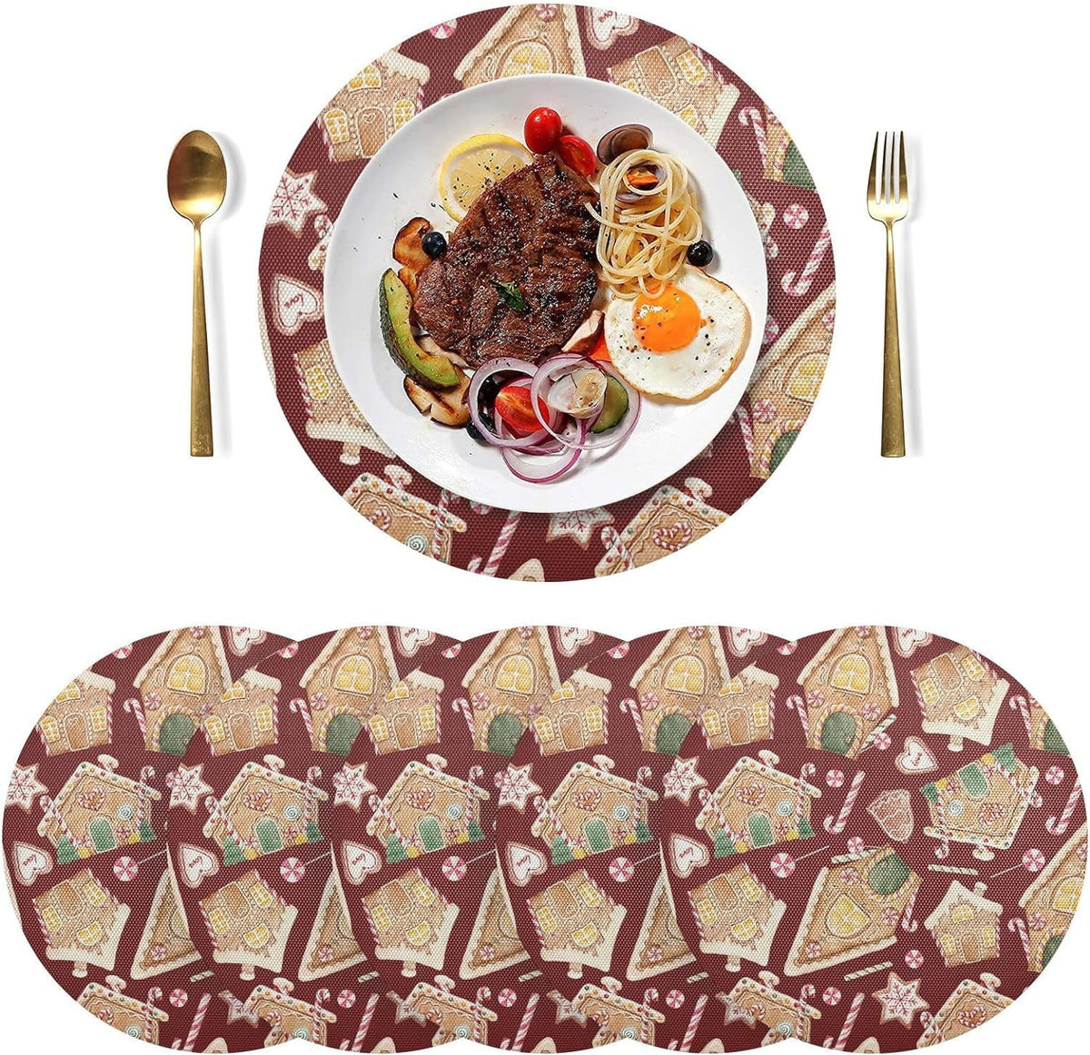 Christmas Gingerbread House Round Placemats Set of 6 Non-Slip PVC Washable Heat Resistant 15.4 Inch U1486