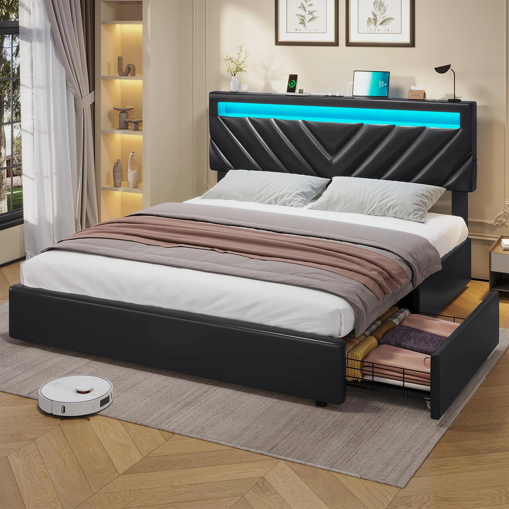 Queen Size LED Upholstered Platform Bed Frame with Drawers Q628331