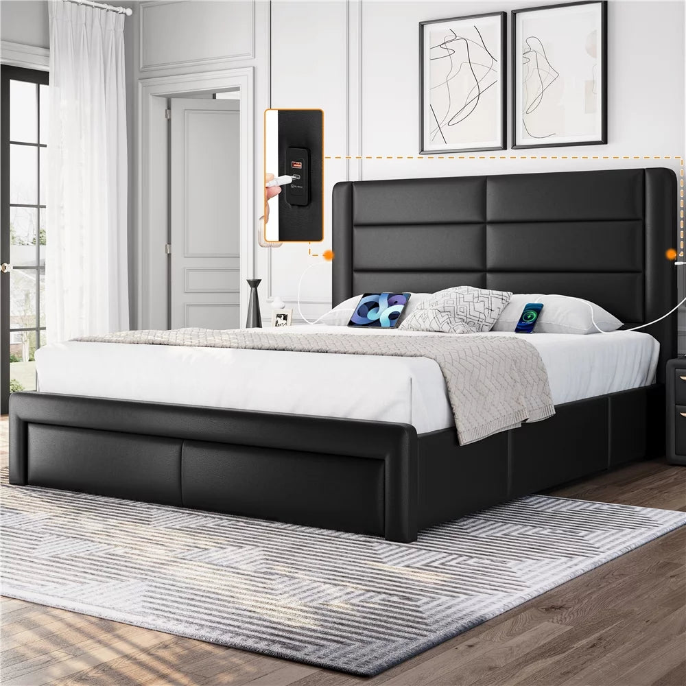 Black Queen Upholstered Platform Bed with 3 Storage Drawers H133