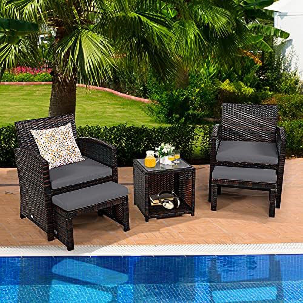 Patio Rattan Conversation Set with Cushioned Chair & Ottoman & Tempered Glass Coffee Table Y632