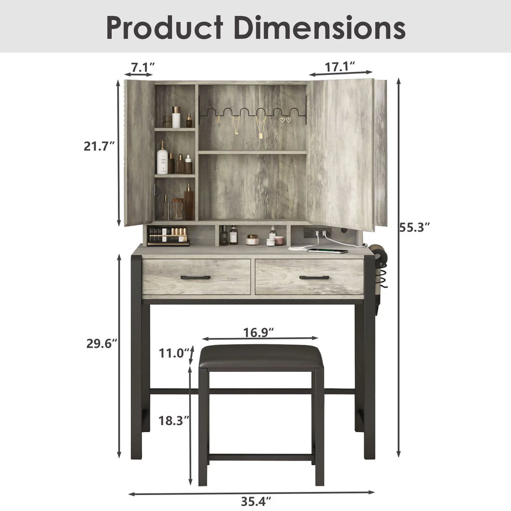 35.4in Makeup Vanity Desk with Lighted Mirror and Power Strip T580