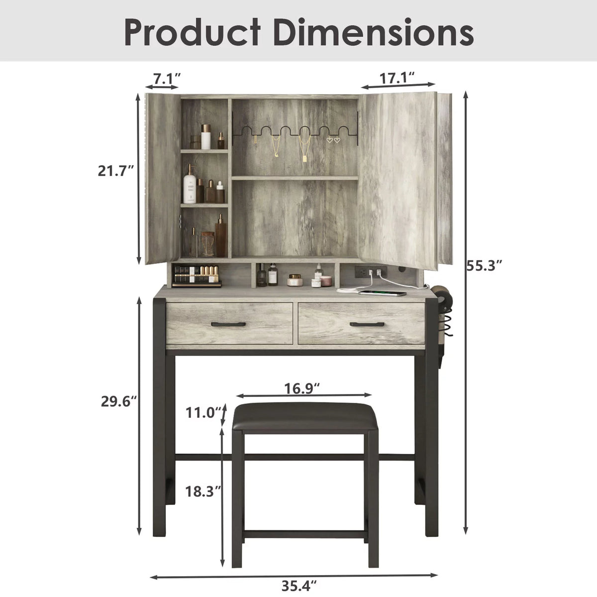 35.4in Makeup Vanity Desk with Lighted Mirror and Power Strip T580
