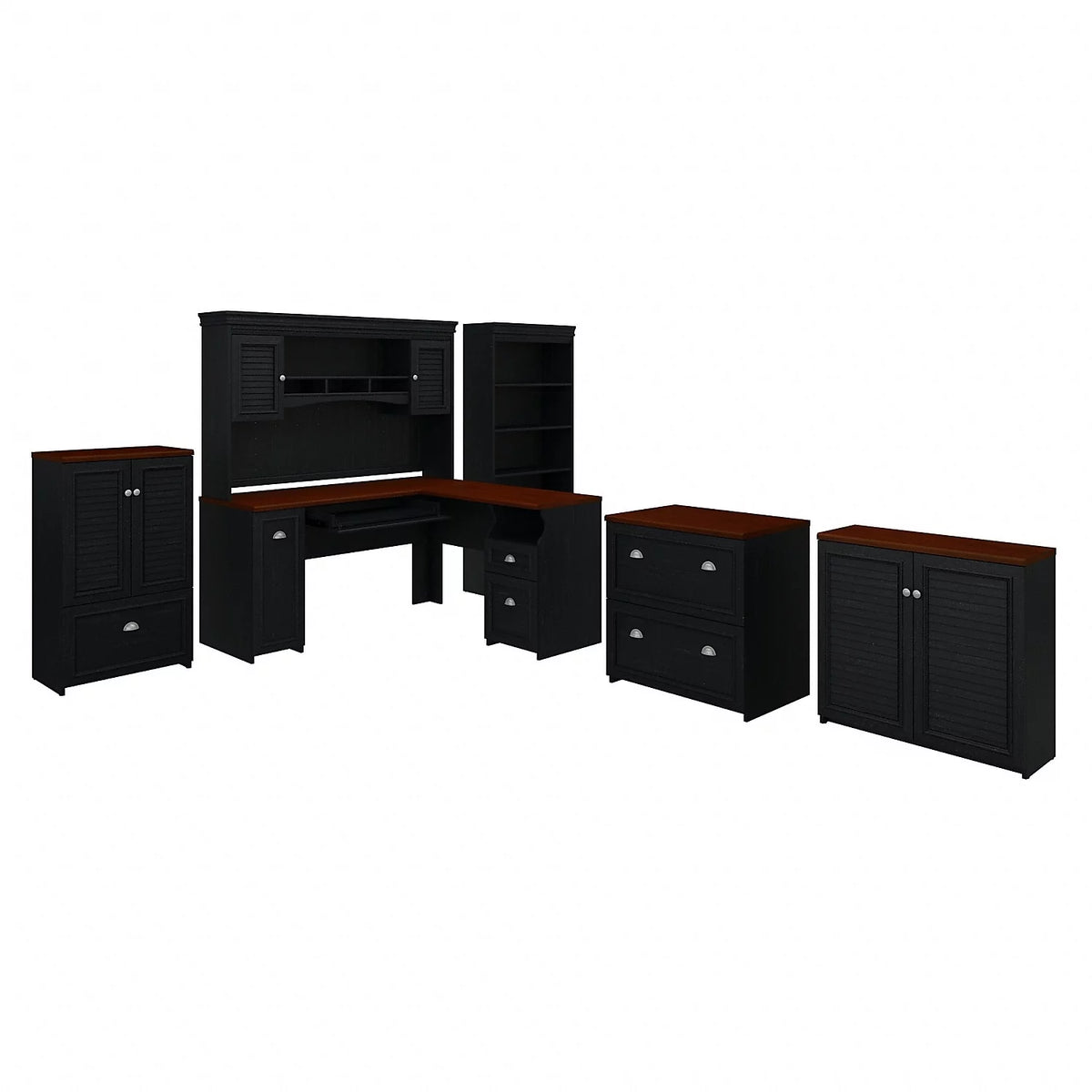 Black L Shaped Desk with Hutch and Storage D29221