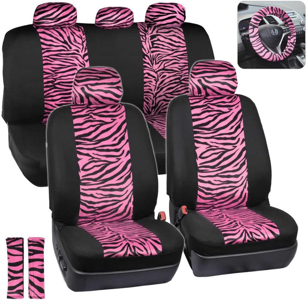 Zebra Print Car Seat Covers Full Set with Seat Belt Pads and Steering Wheel Cover H98746