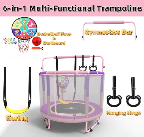 60" 5ft 6-in-1 Trampoline with Swing, Basketball Hoop, Dart Board, Gymnastics Bar K9241