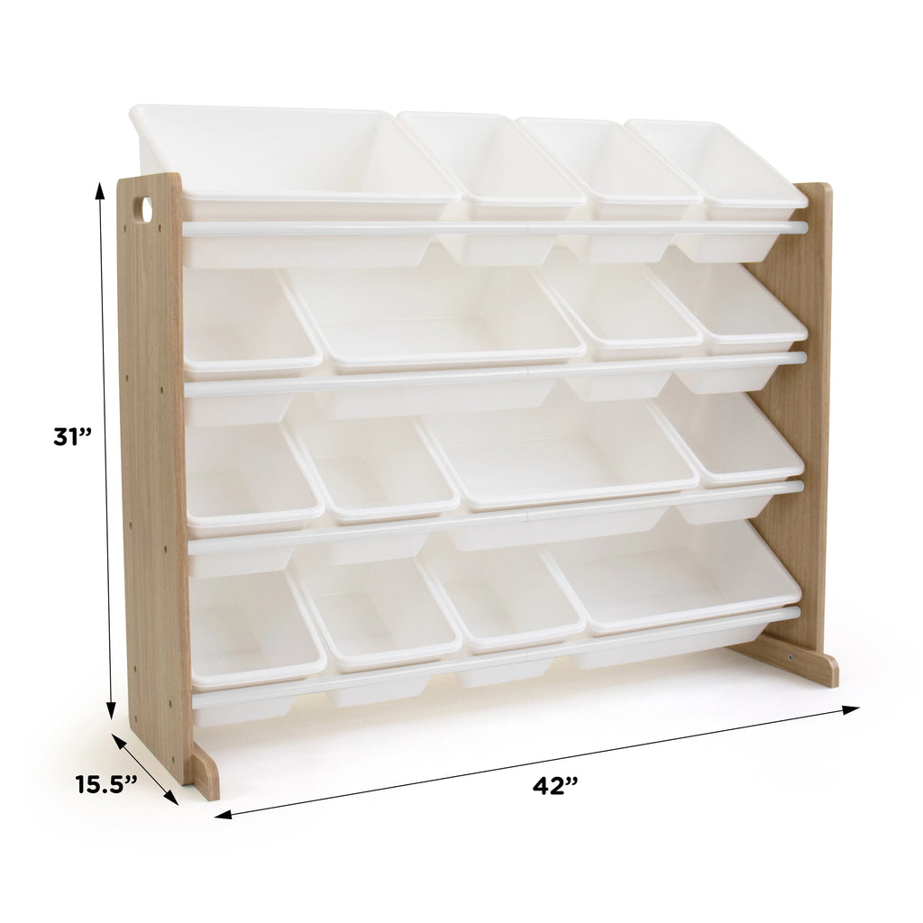 Kids Wood Toy Storage Organizer with 16 White Plastic Bins O402