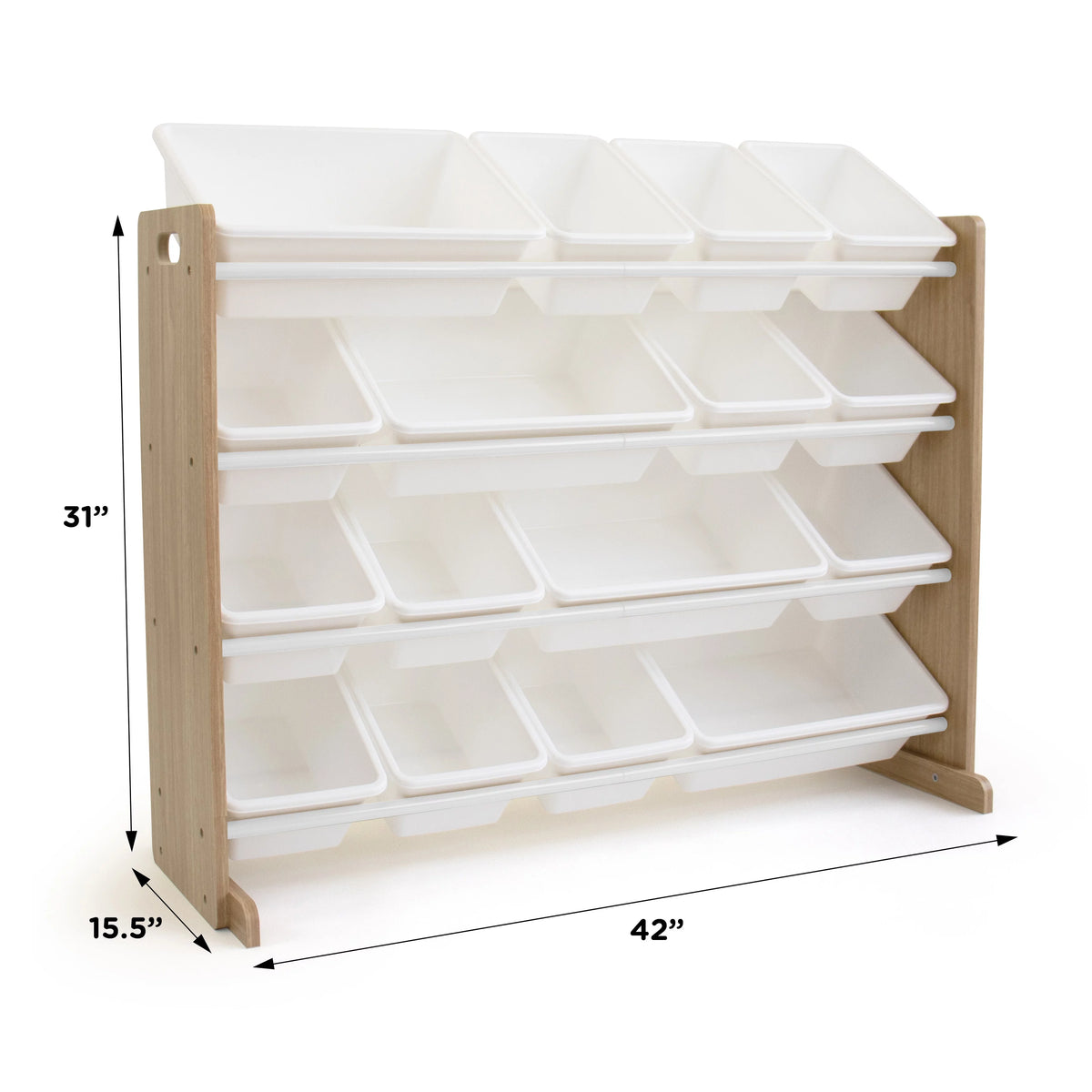 Kids Wood Toy Storage Organizer with 16 White Plastic Bins O402