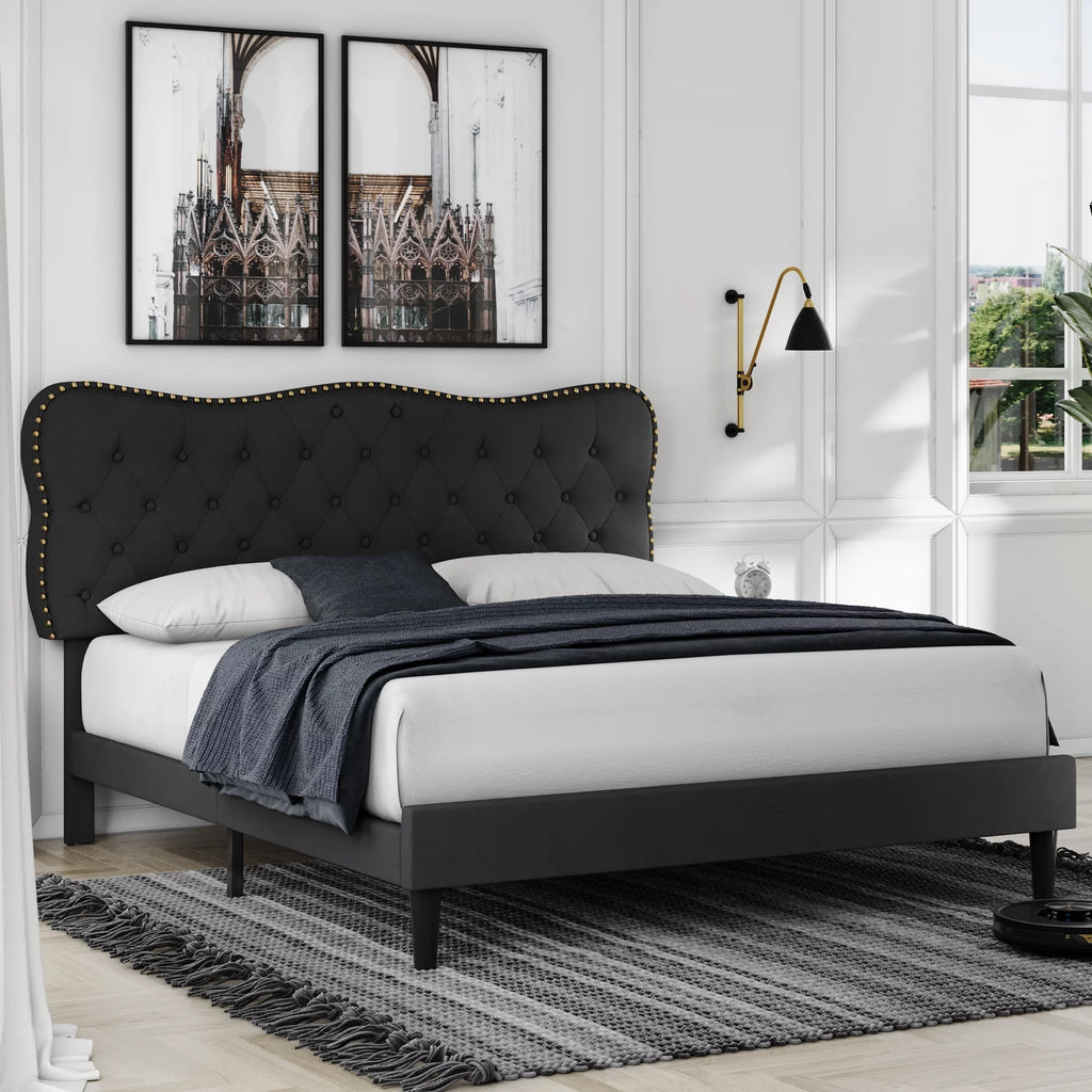 Queen Size Black Linen Upholstered Platform Bed with Adjustable Headboard U254